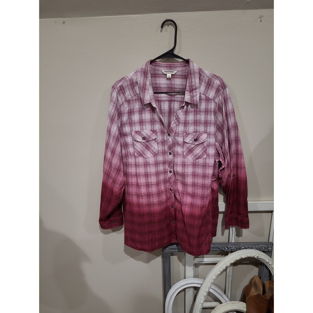 Tantrums Women SZ 3X button down Burganday plaid ombre cotton shirt western boho